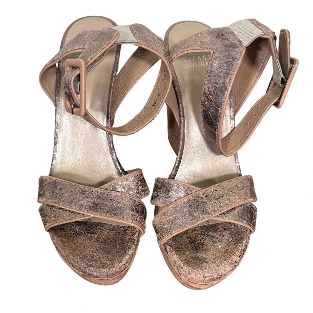 Stuart Weitzman Bronze Metallic Distressed Leather Cork Wedge Sandals size 7.5